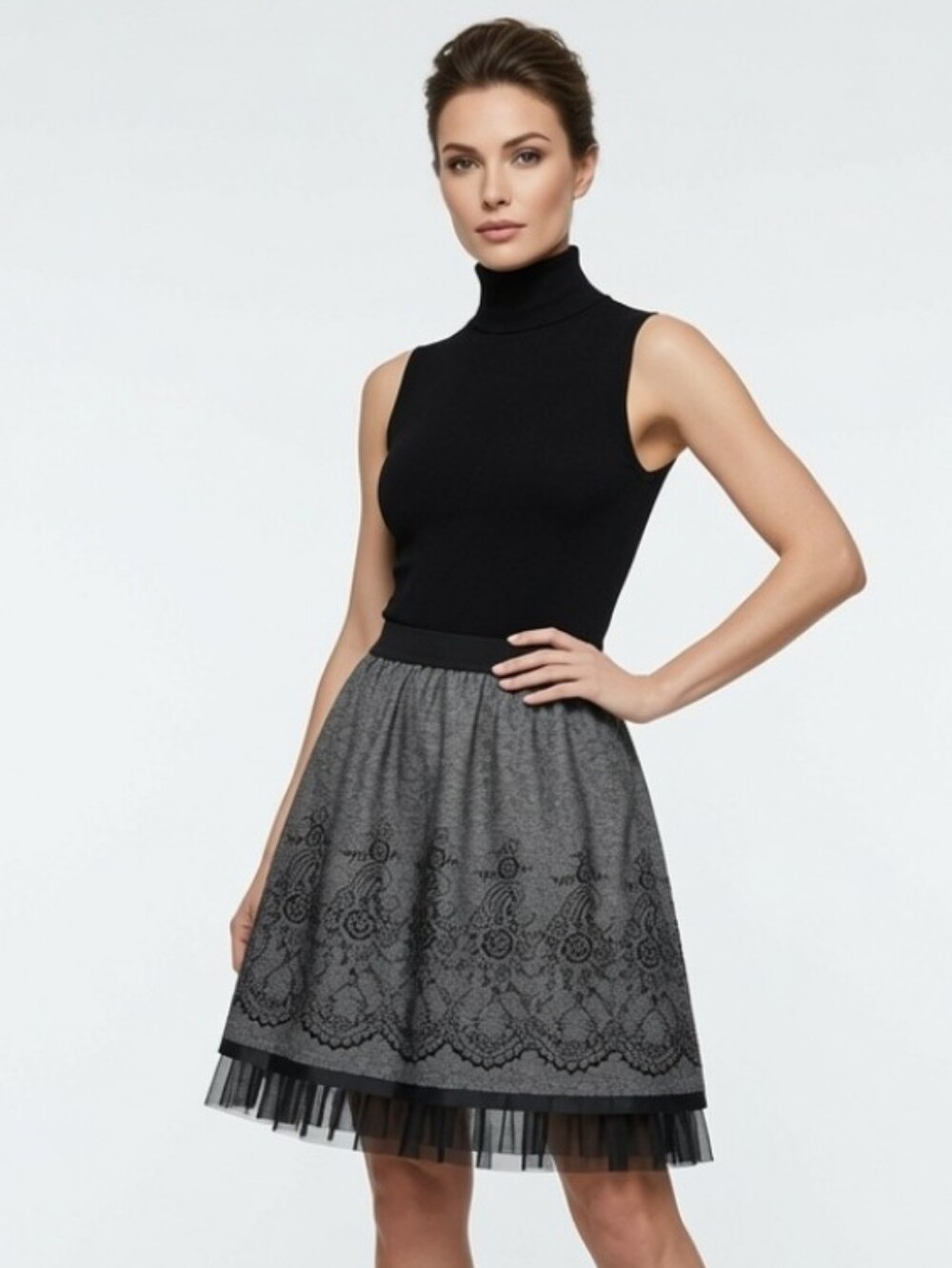 Joe Benbasset Gray Skirt with Black Lace Embroidered Overlay ( Size:large)